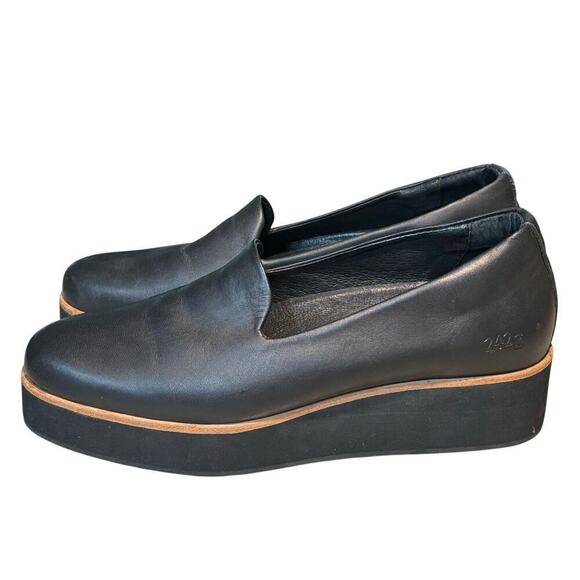 Gram Shoes - Gram Svarta Black Platform Flat Slip on Leather Loafers Shoes Size 7.5